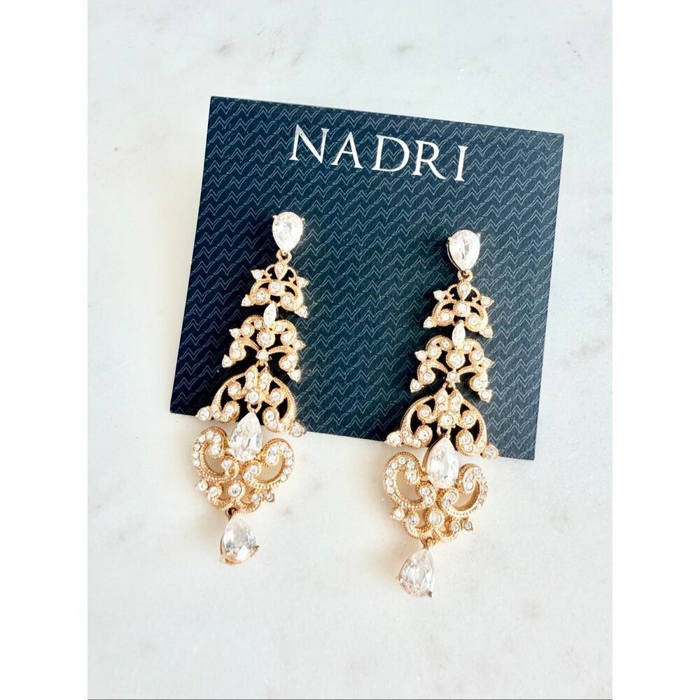 Nadri Gold Crystal Chandelier Earrings | Bridal Wedding Statement Drop CZ - Picture 2 of 6